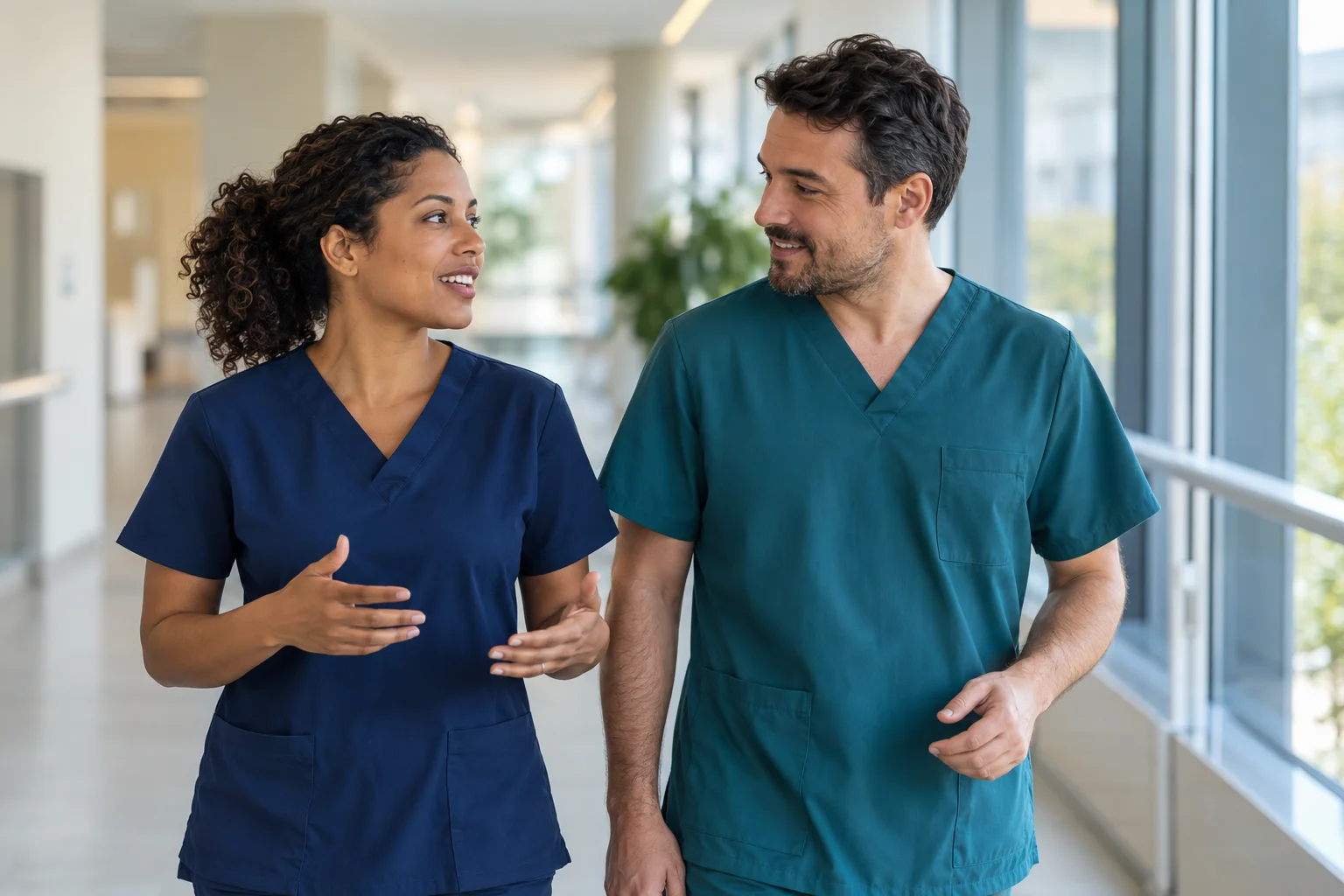 Cena ilustrativa: dois profissionais de Enfermagem conversando em um corredor hospitalar iluminado